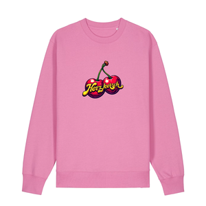 Sweater in bubbelpink mit Kirschmotiv und Schriftzug Herzkersch.