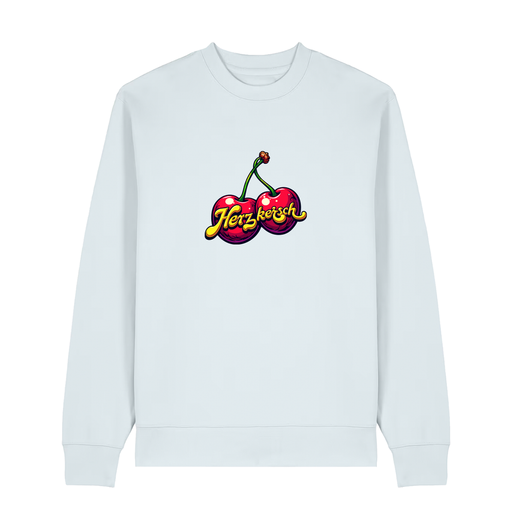 Sweater in eisblau mit Kirschmotiv und Schriftzug Herzkersch.