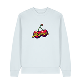 Sweater in eisblau mit Kirschmotiv und Schriftzug Herzkersch.