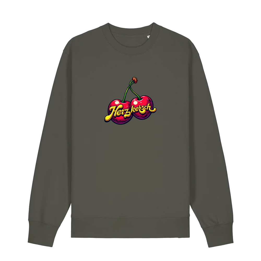 Sweater in khaki mit Kirschmotiv und Schriftzug Herzkersch.