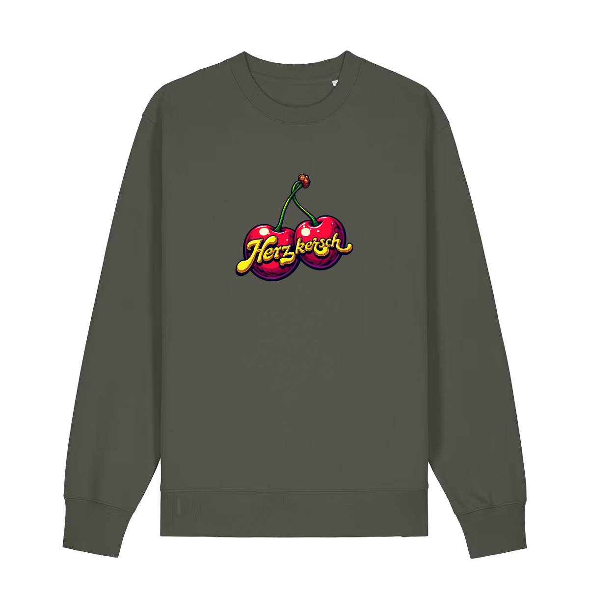 Sweater in khaki mit Kirschmotiv und Schriftzug Herzkersch.