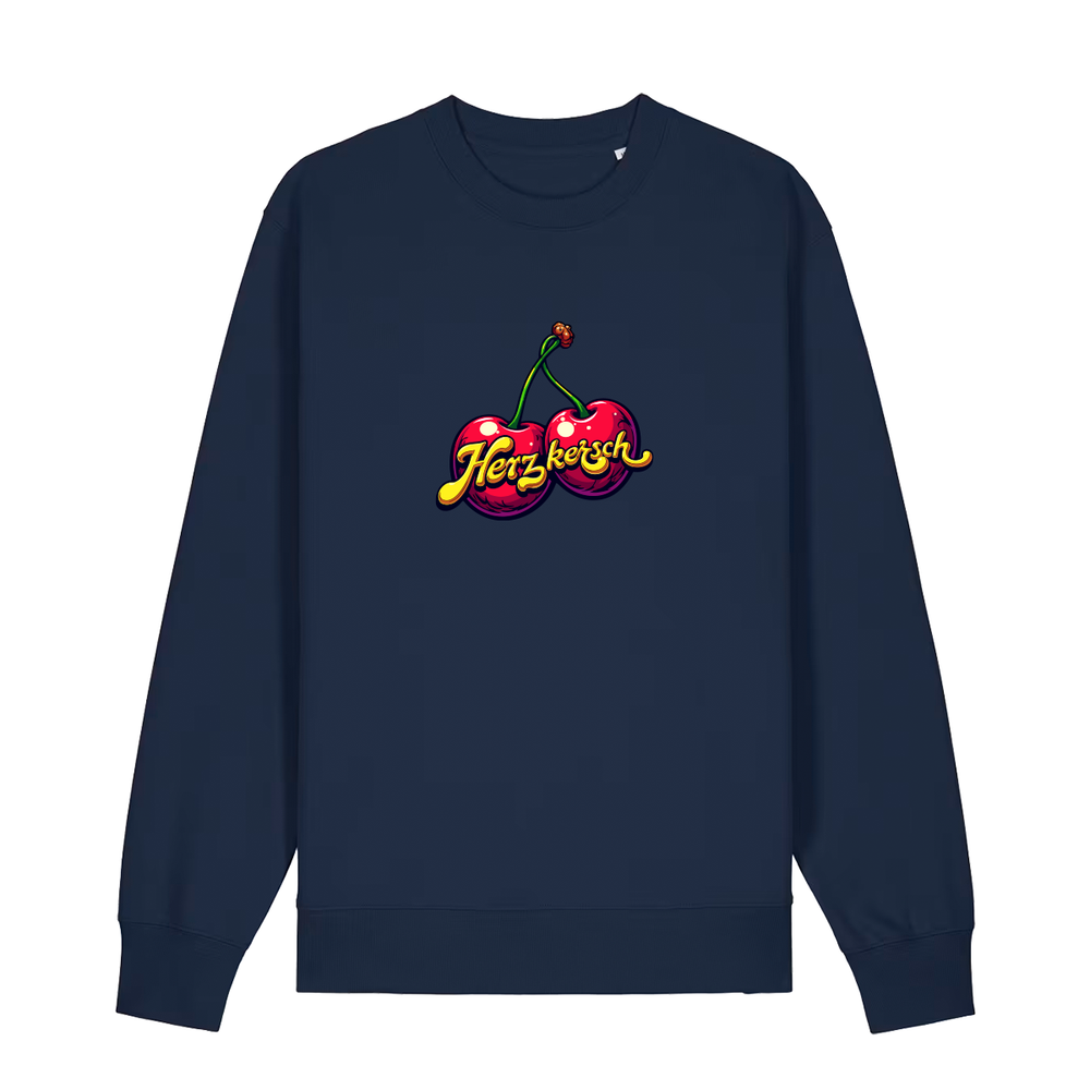 Sweater in navy mit Kirschmotiv und Schriftzug Herzkersch.