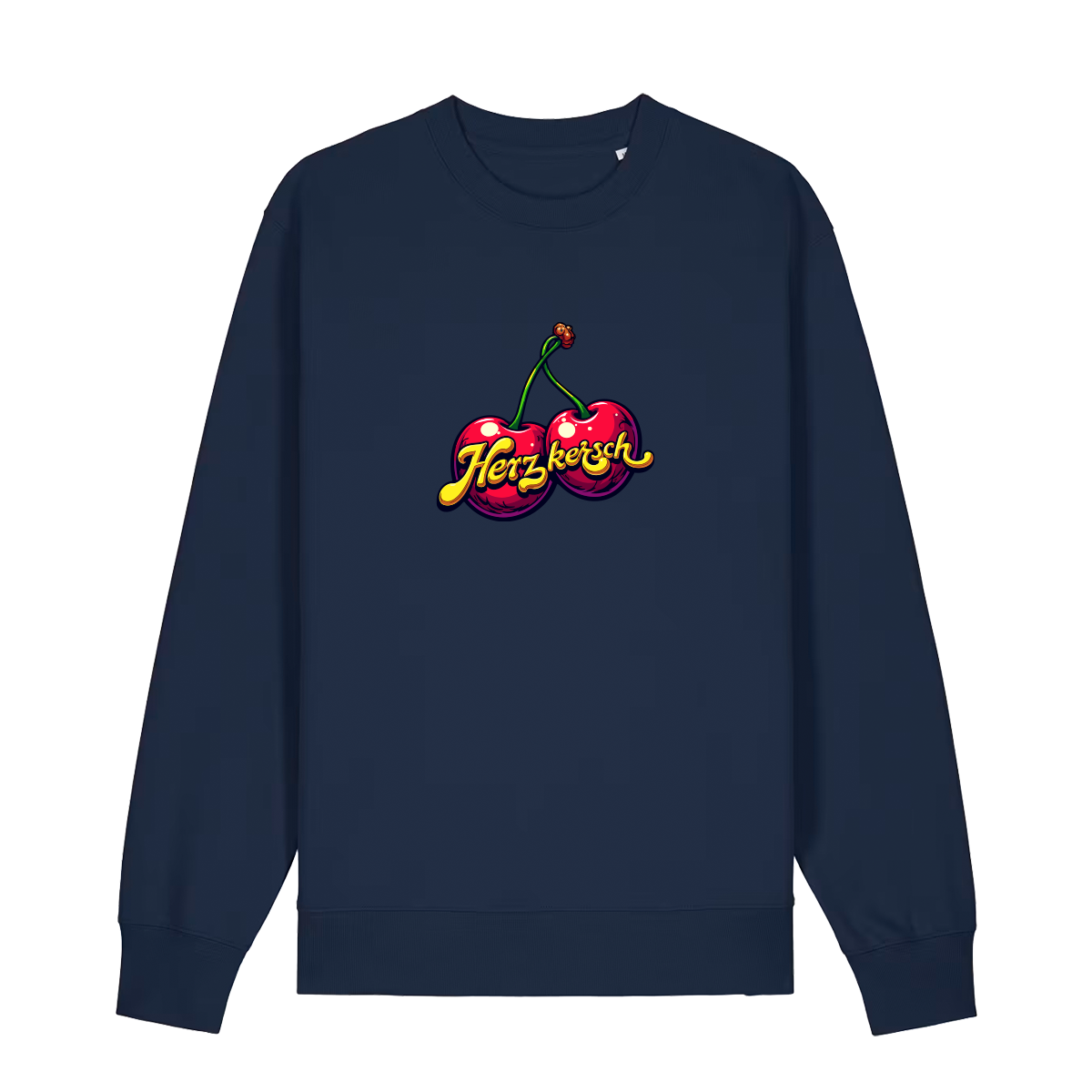 Sweater in navy mit Kirschmotiv und Schriftzug Herzkersch.