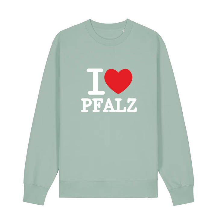 Sweater in aloe mit weißem Aufdruck "I love Pfalz".