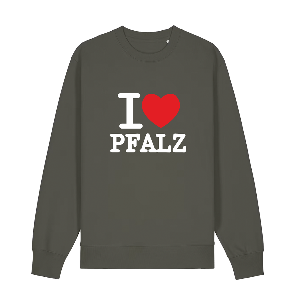 Sweater in khaki mit weißem Aufdruck "I love Pfalz".