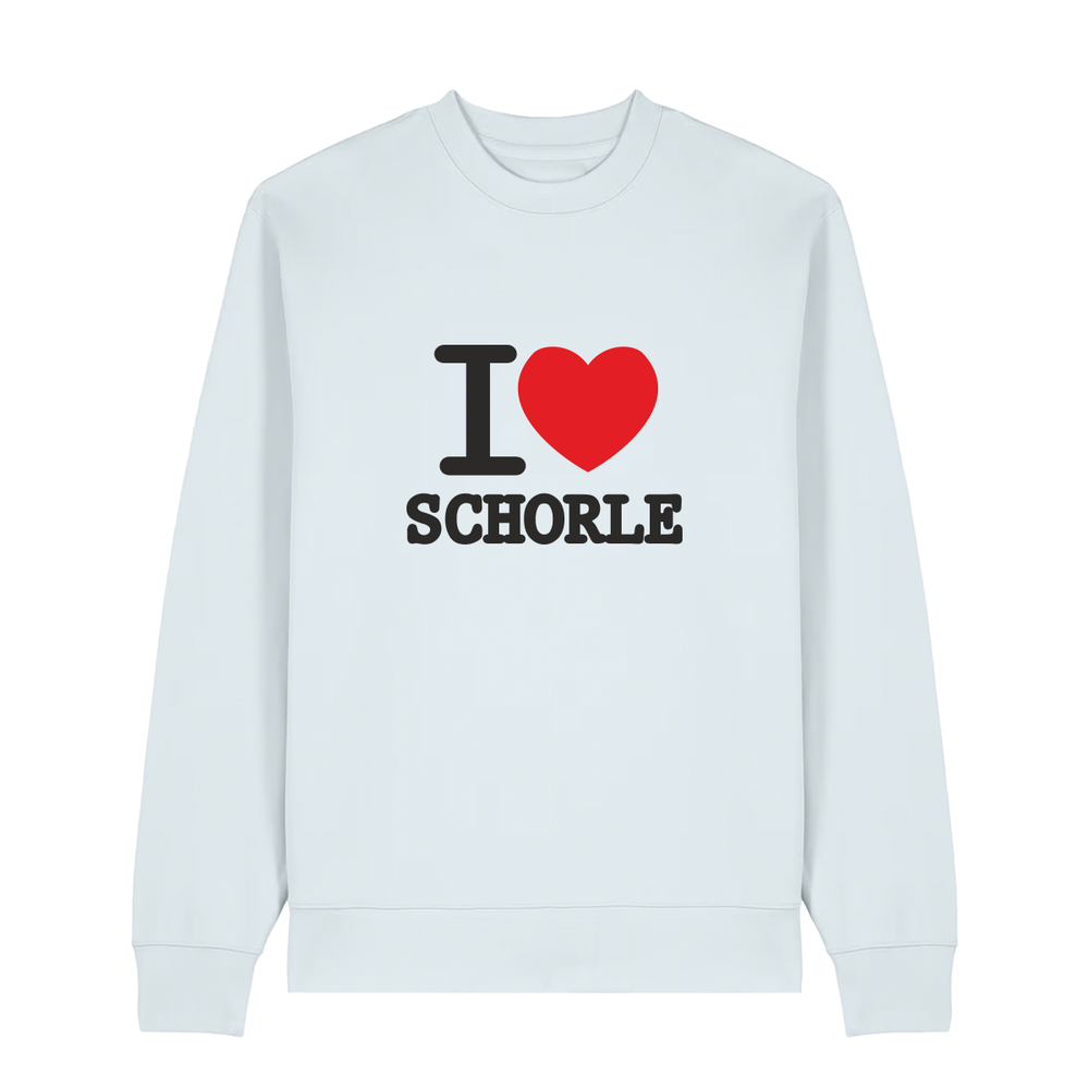 Sweater in eisblau mit schwarzem Aufdruck "I love Schorle".