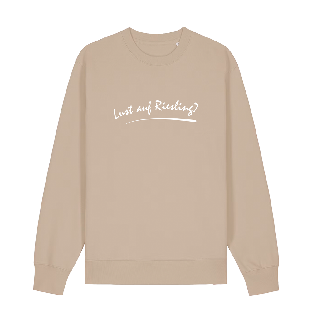 Sweater in beige mit weißem Aufdruck „Lust auf Riesling“.