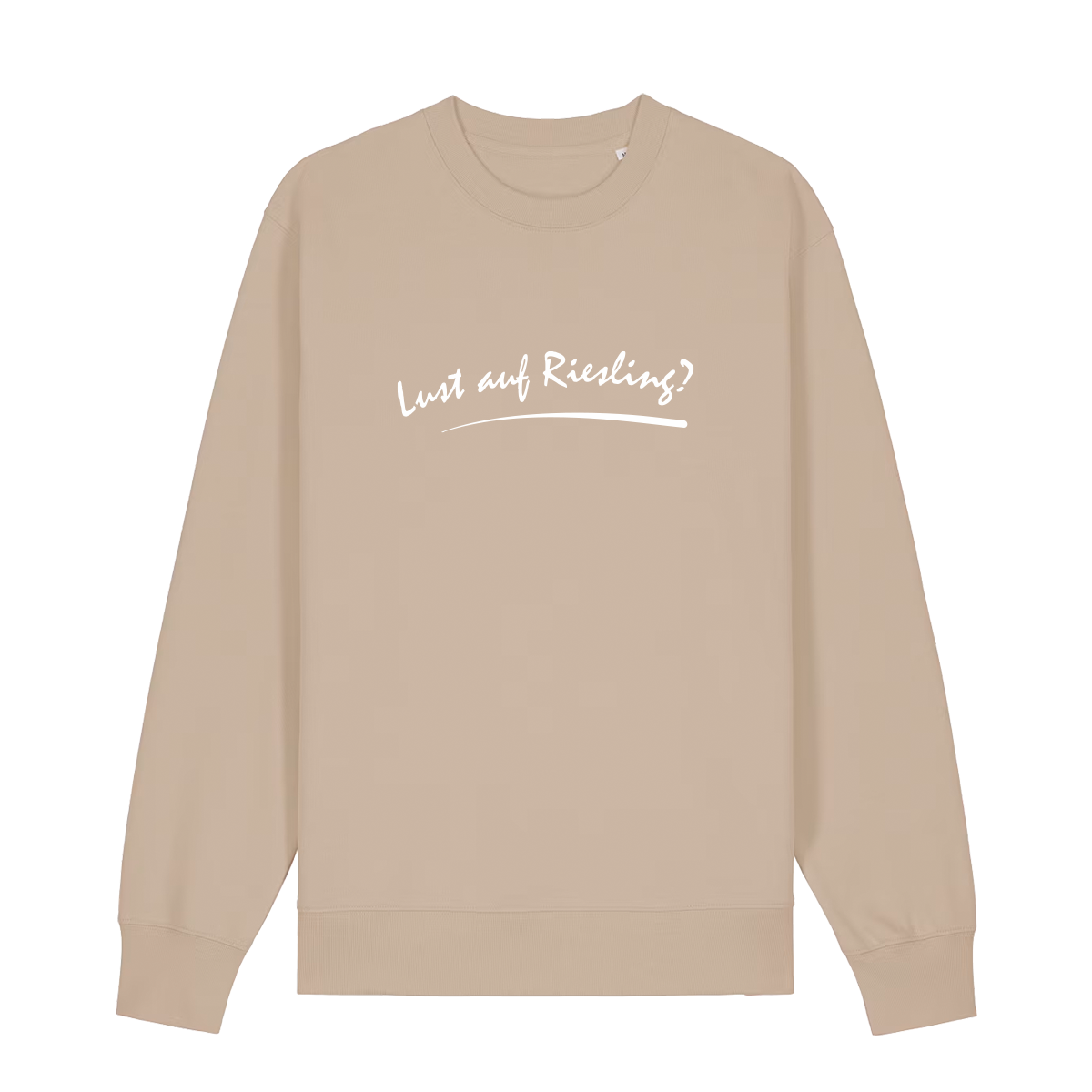 Sweater in beige mit weißem Aufdruck „Lust auf Riesling“.