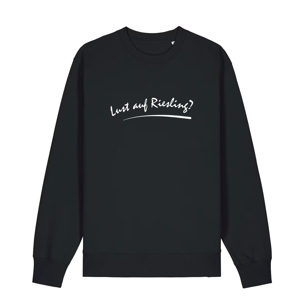 Sweater in schwarz mit weißem Aufdruck „Lust auf Riesling“.