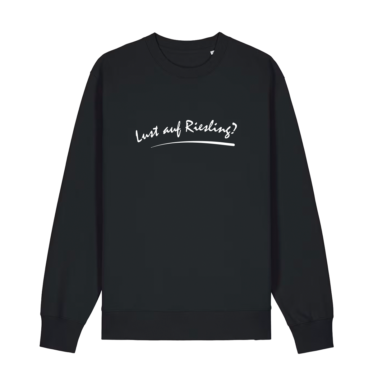 Sweater in schwarz mit weißem Aufdruck „Lust auf Riesling“.