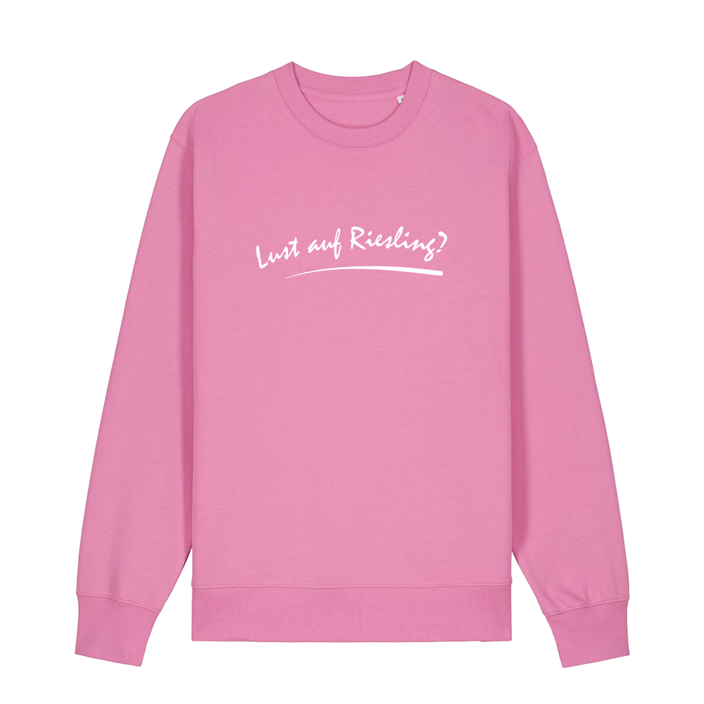 Sweater in bubbelpink mit weißem Aufdruck „Lust auf Riesling“.