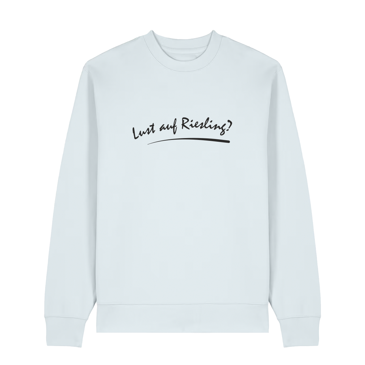 Sweater in eisblau mit schwarzem Aufdruck „Lust auf Riesling“.