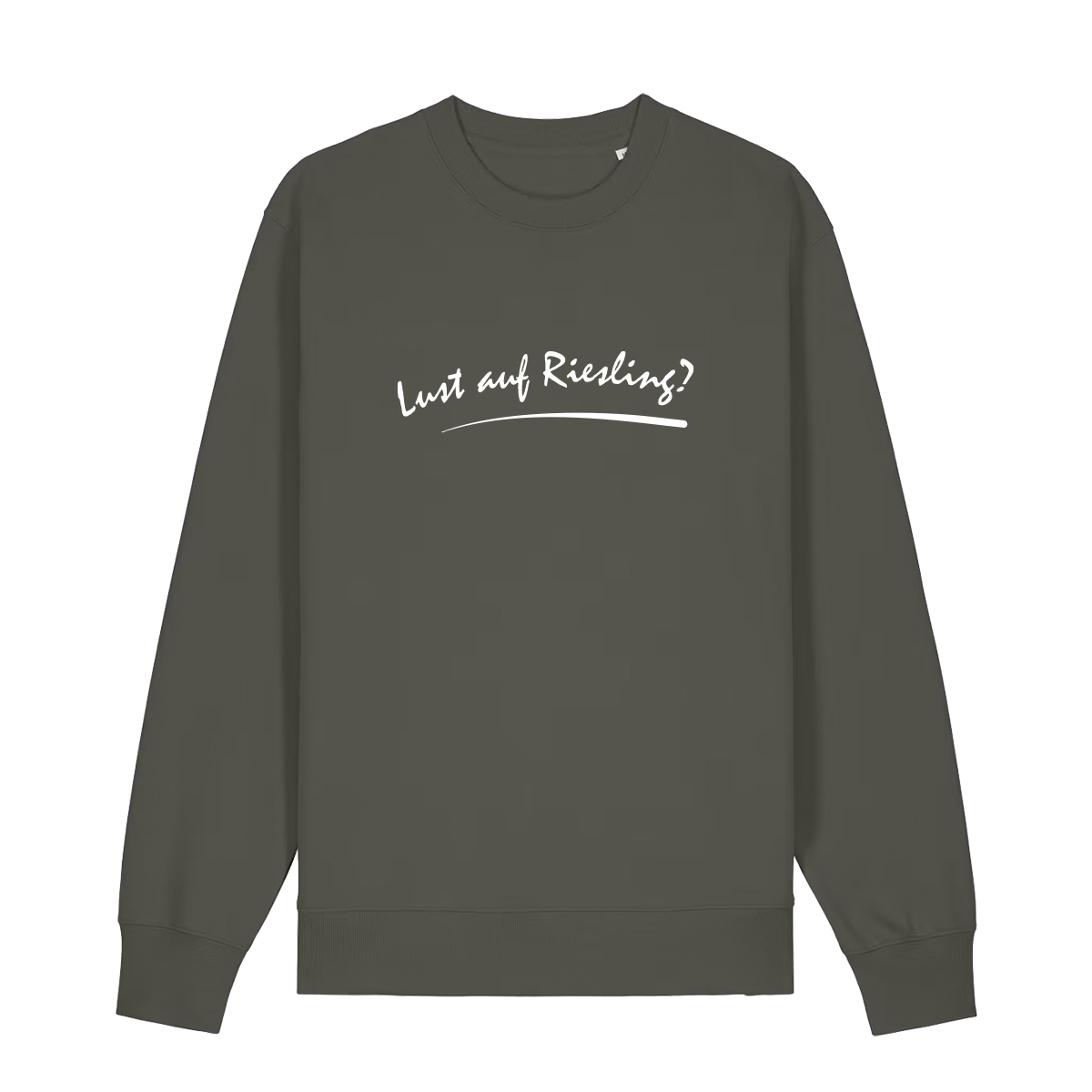 Sweater in khaki mit weißem Aufdruck „Lust auf Riesling“.