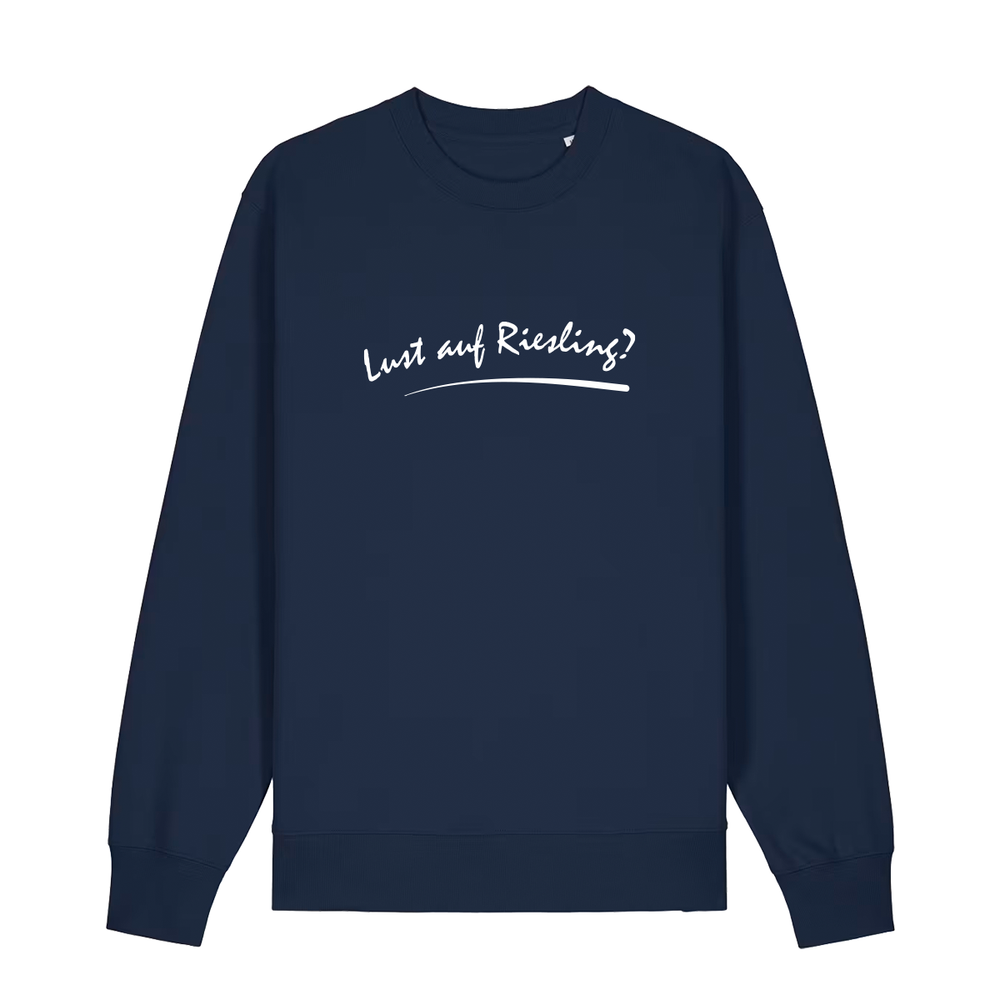 Sweater in navy mit weißem Aufdruck „Lust auf Riesling“.
