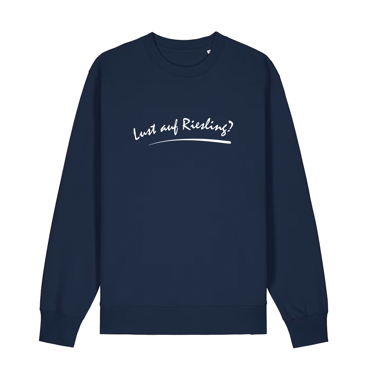 Sweater in navy mit weißem Aufdruck „Lust auf Riesling“.