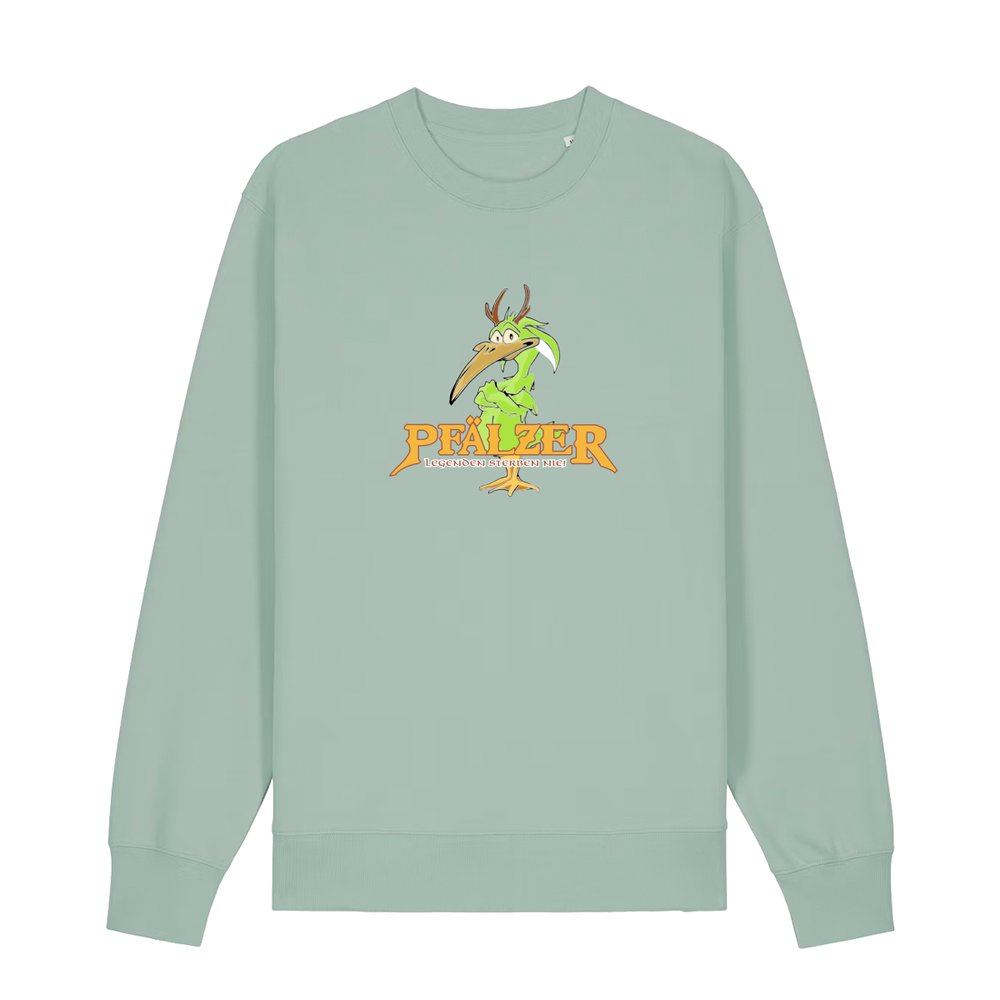 Sweater in aloe mit einer grünen Cartoon-Elwetritsche und orangefarbenem Schriftzug Pfälzer Legenden sterben nie.