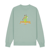 Sweater in aloe mit einer grünen Cartoon-Elwetritsche und orangefarbenem Schriftzug Pfälzer Legenden sterben nie.