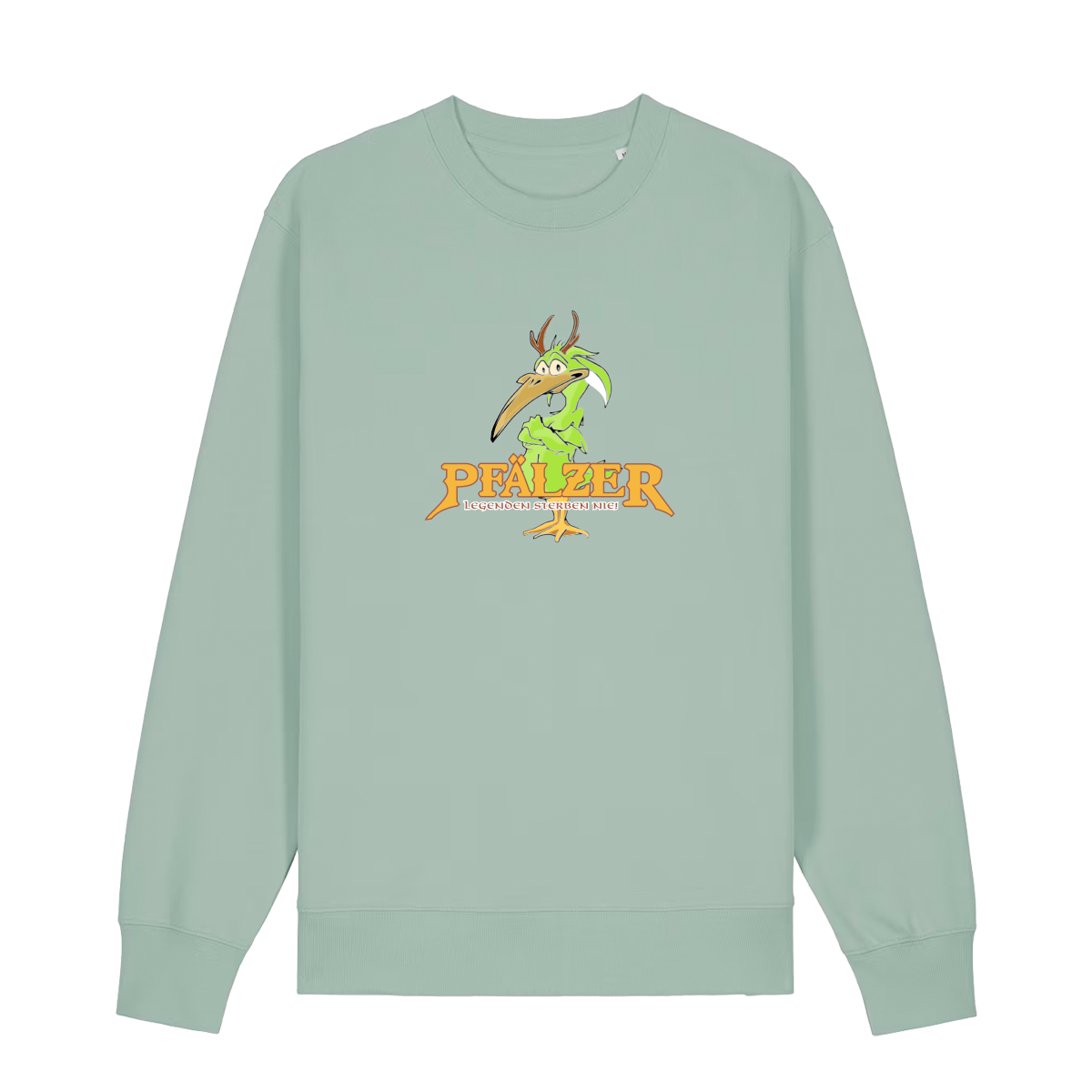 Sweater in aloe mit einer grünen Cartoon-Elwetritsche und orangefarbenem Schriftzug Pfälzer Legenden sterben nie.