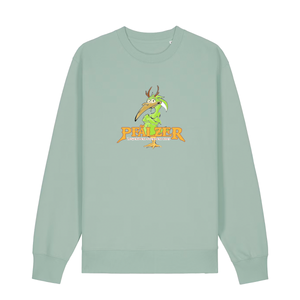 Sweater in aloe mit einer grünen Cartoon-Elwetritsche und orangefarbenem Schriftzug Pfälzer Legenden sterben nie.