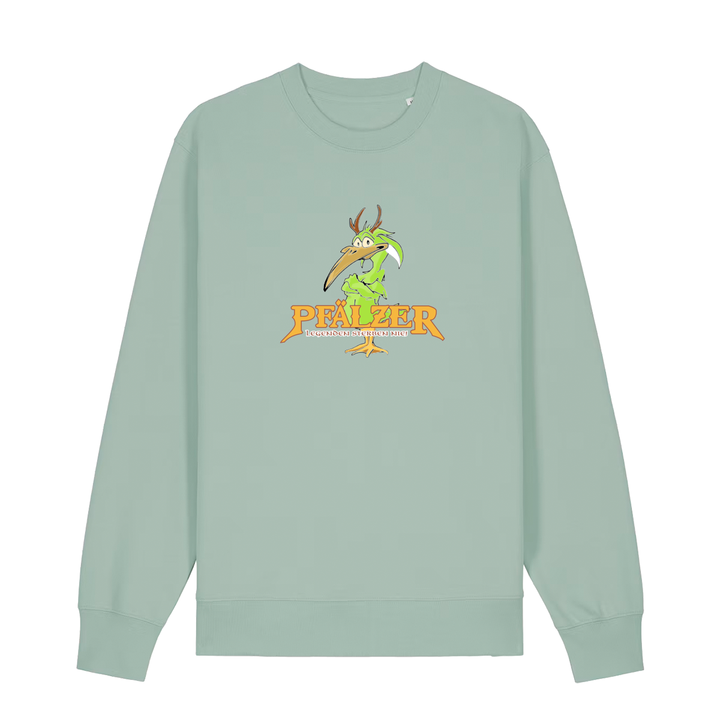 Sweater in aloe mit einer grünen Cartoon-Elwetritsche und orangefarbenem Schriftzug Pfälzer Legenden sterben nie.