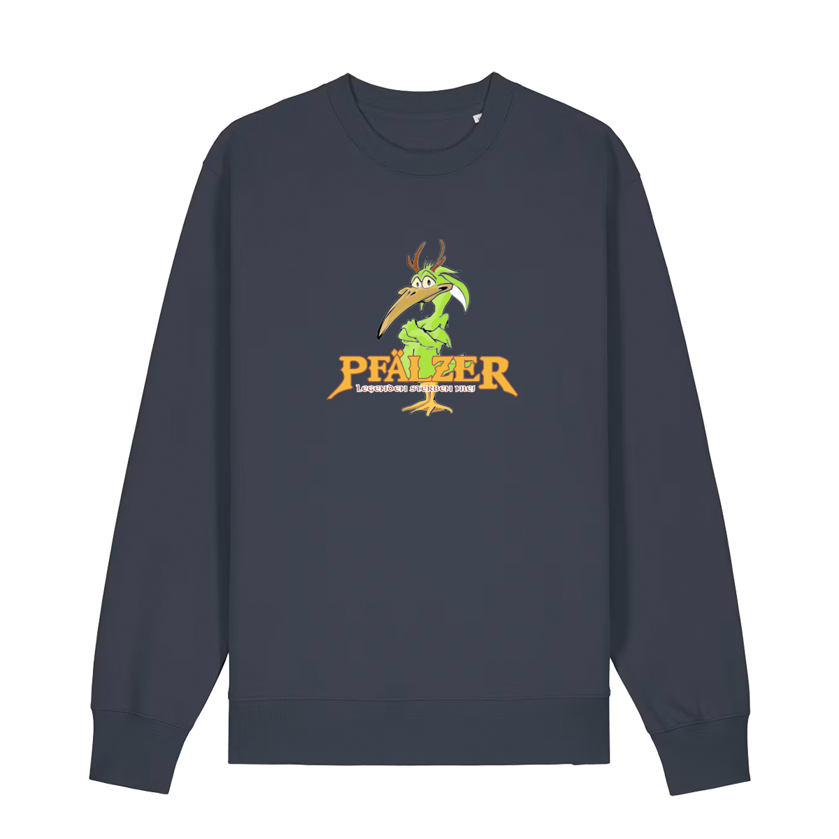 Sweater in anthrazit mit einer grünen Cartoon-Elwetritsche und orangefarbenem Schriftzug Pfälzer Legenden sterben nie.