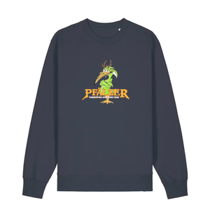 Sweater in anthrazit mit einer grünen Cartoon-Elwetritsche und orangefarbenem Schriftzug Pfälzer Legenden sterben nie.