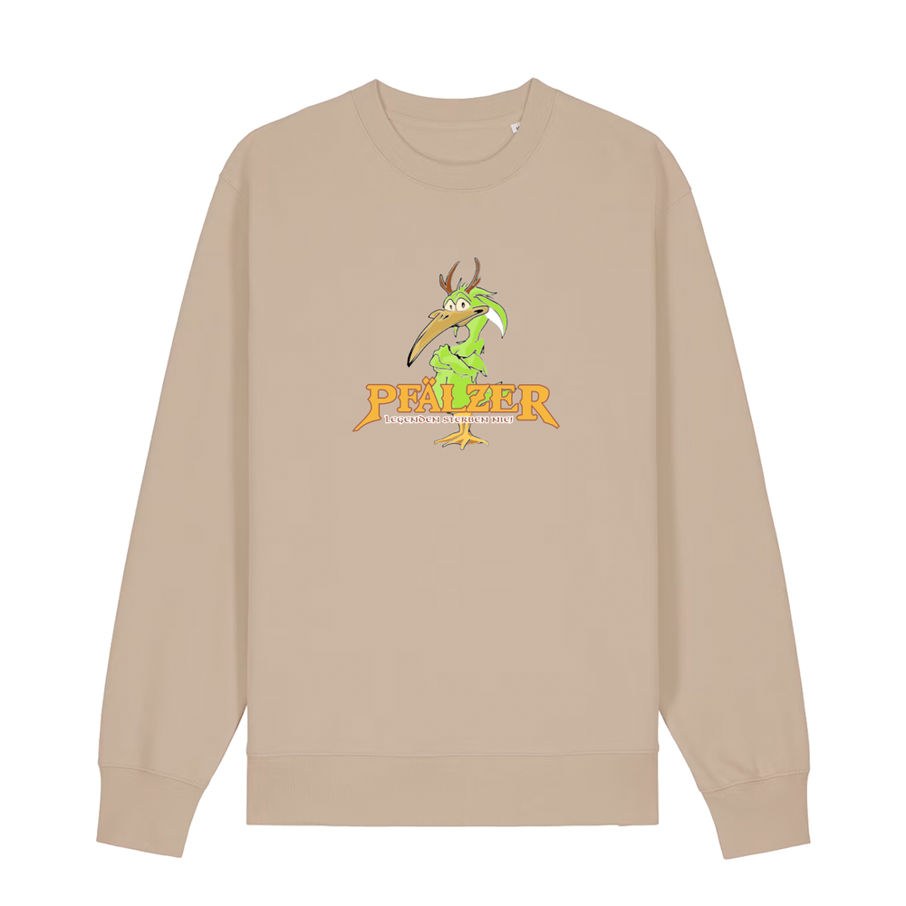 Sweater in beige mit einer grünen Cartoon-Elwetritsche und orangefarbenem Schriftzug Pfälzer Legenden sterben nie.