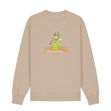 Sweater in beige mit einer grünen Cartoon-Elwetritsche und orangefarbenem Schriftzug Pfälzer Legenden sterben nie.