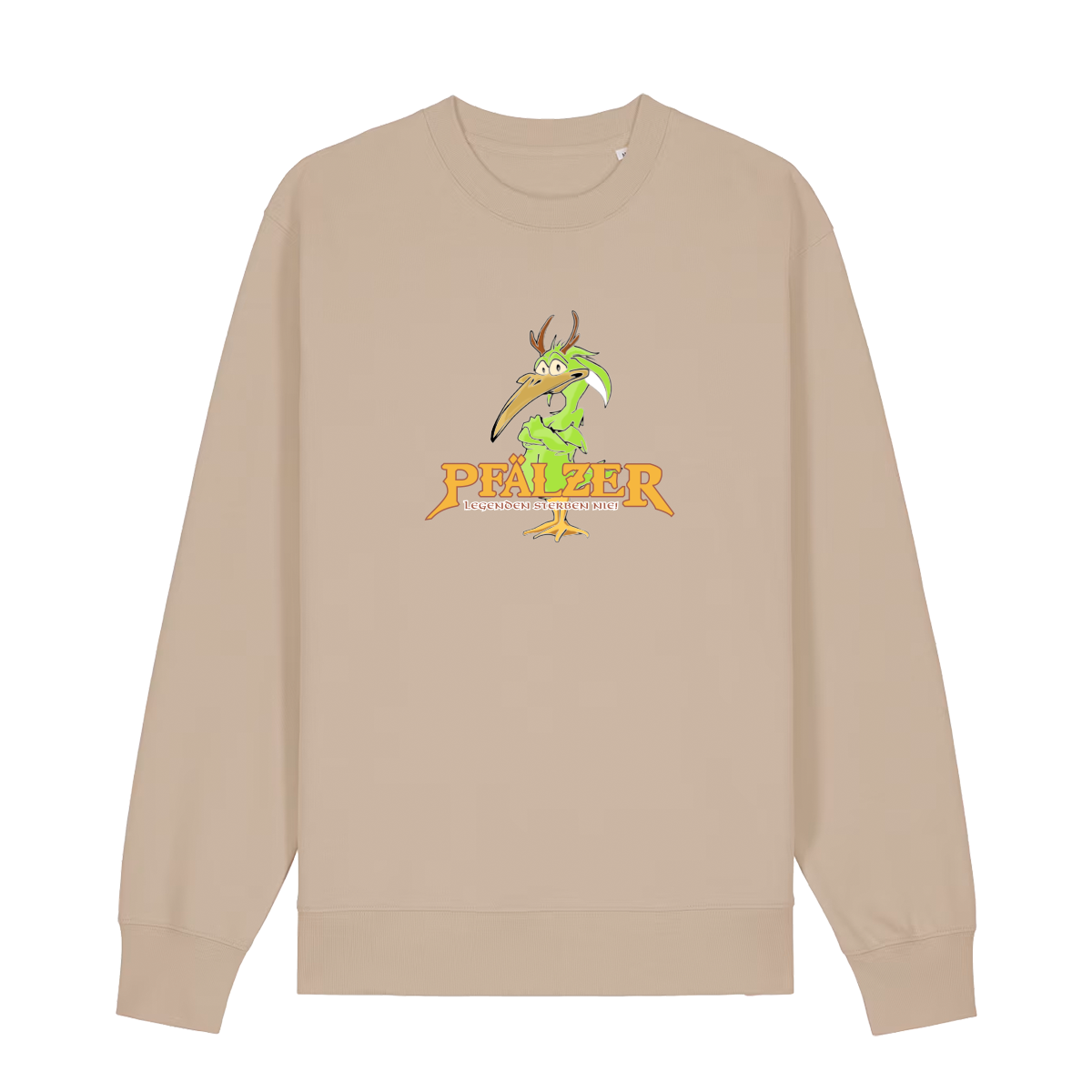 Sweater in beige mit einer grünen Cartoon-Elwetritsche und orangefarbenem Schriftzug Pfälzer Legenden sterben nie.