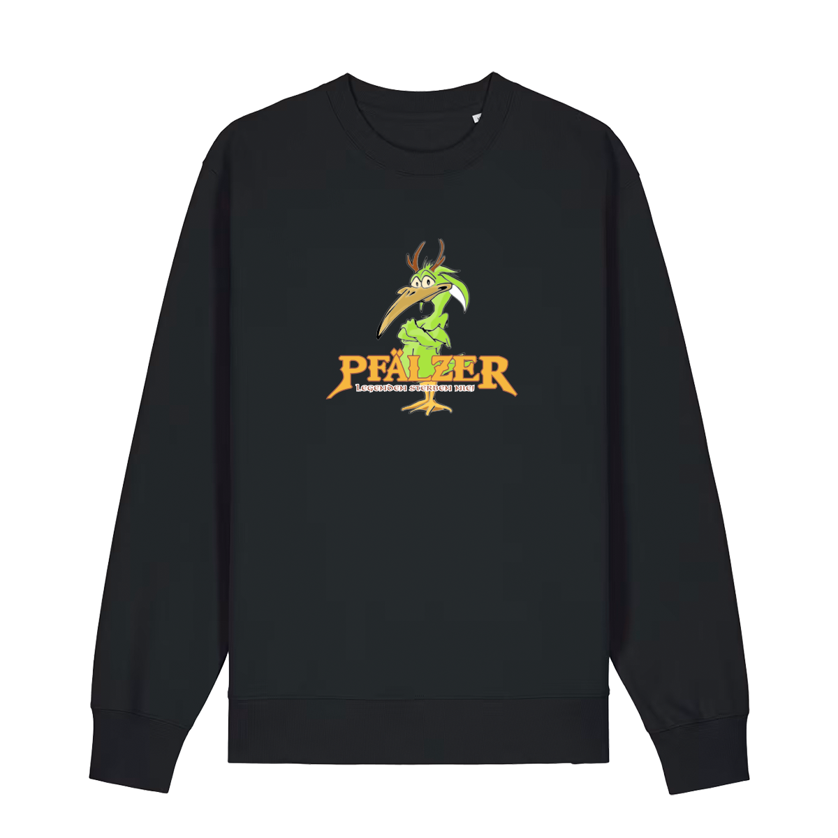Sweater in schwarz mit einer grünen Cartoon-Elwetritsche und orangefarbenem Schriftzug Pfälzer Legenden sterben nie.
