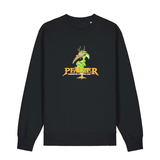 Sweater in schwarz mit einer grünen Cartoon-Elwetritsche und orangefarbenem Schriftzug Pfälzer Legenden sterben nie.