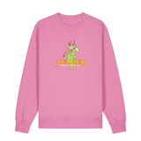 Sweater in bubbelpink mit einer grünen Cartoon-Elwetritsche und orangefarbenem Schriftzug Pfälzer Legenden sterben nie.