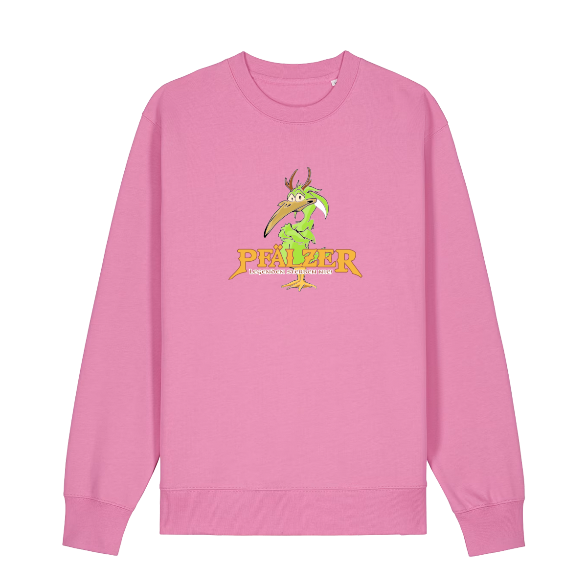 Sweater in bubbelpink mit einer grünen Cartoon-Elwetritsche und orangefarbenem Schriftzug Pfälzer Legenden sterben nie.