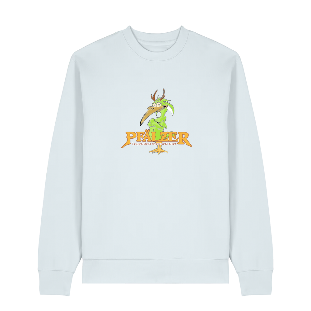 Sweater in eisblau mit einer grünen Cartoon-Elwetritsche und orangefarbenem Schriftzug Pfälzer Legenden sterben nie.