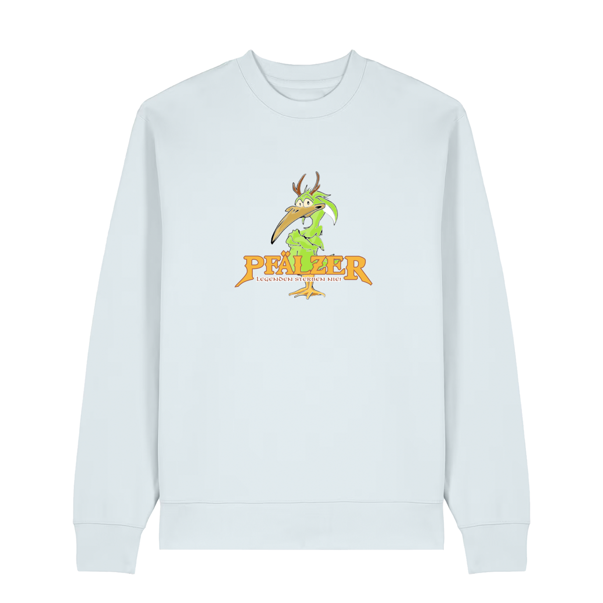 Sweater in eisblau mit einer grünen Cartoon-Elwetritsche und orangefarbenem Schriftzug Pfälzer Legenden sterben nie.