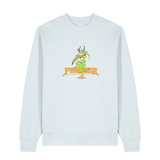 Sweater in eisblau mit einer grünen Cartoon-Elwetritsche und orangefarbenem Schriftzug Pfälzer Legenden sterben nie.