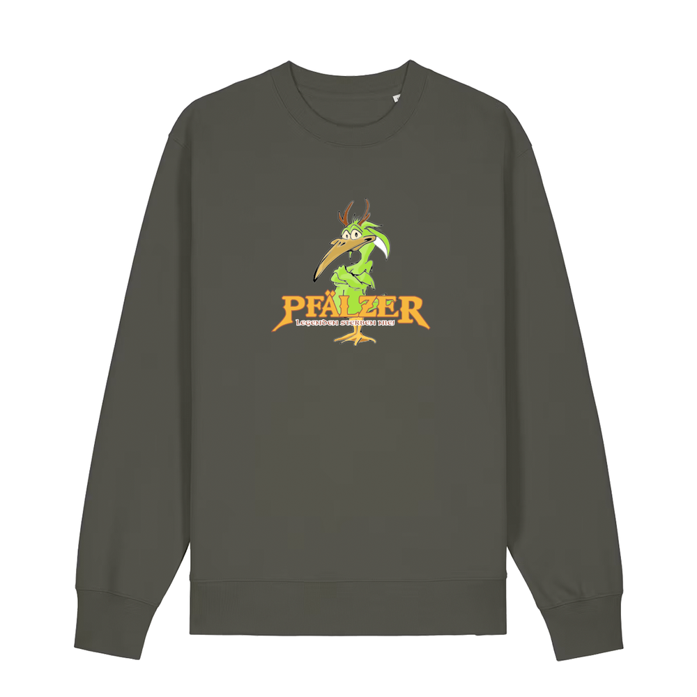 Sweater in khaki mit einer grünen Cartoon-Elwetritsche und orangefarbenem Schriftzug Pfälzer Legenden sterben nie.