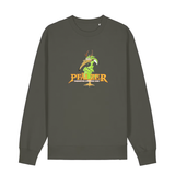 Sweater in khaki mit einer grünen Cartoon-Elwetritsche und orangefarbenem Schriftzug Pfälzer Legenden sterben nie.
