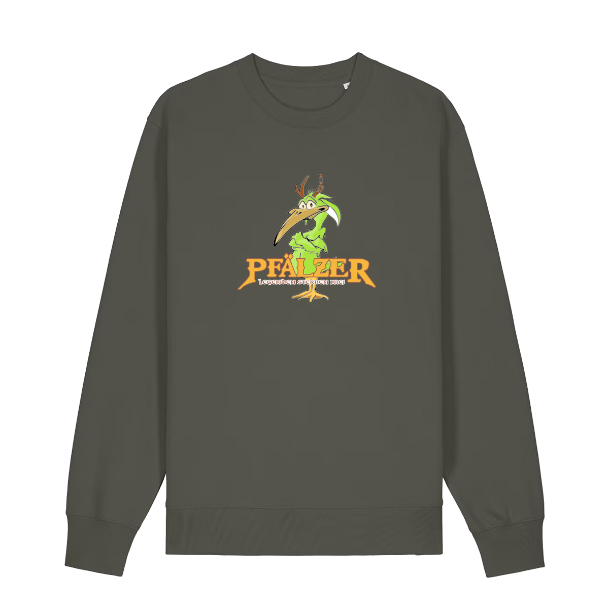 Sweater in khaki mit einer grünen Cartoon-Elwetritsche und orangefarbenem Schriftzug Pfälzer Legenden sterben nie.