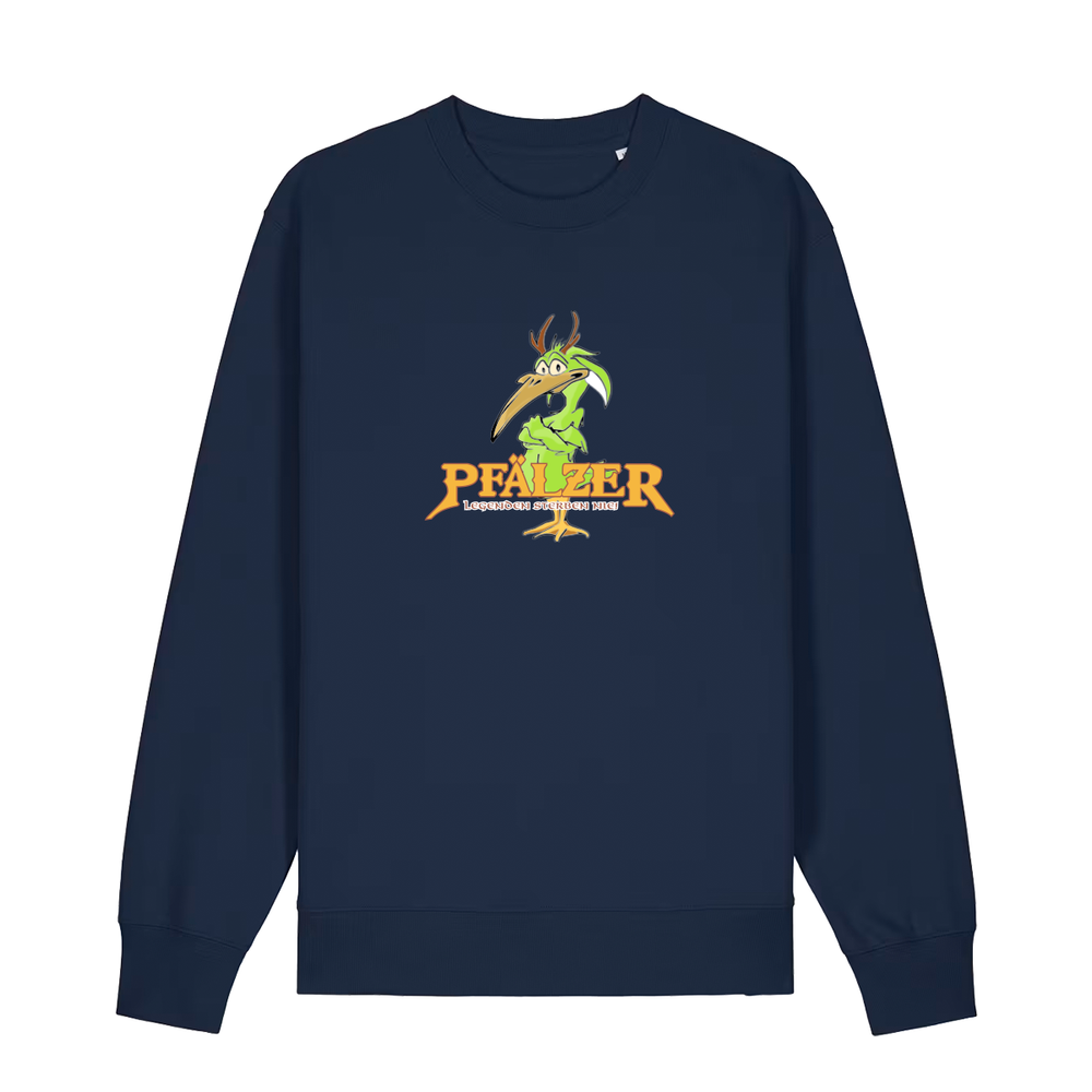 Sweater in navy mit einer grünen Cartoon-Elwetritsche und orangefarbenem Schriftzug Pfälzer Legenden sterben nie.