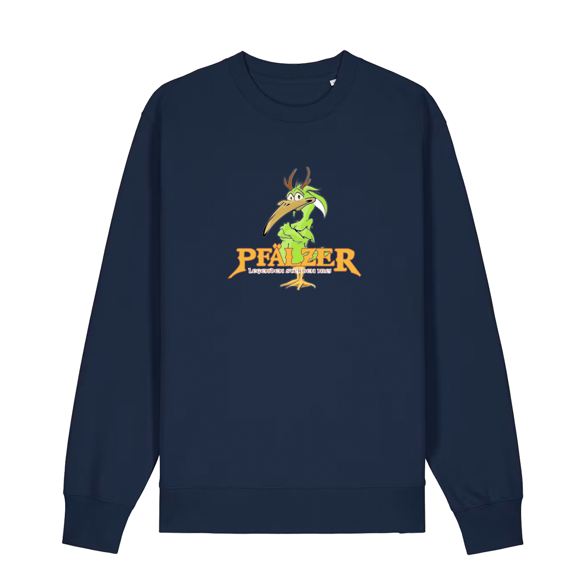 Sweater in navy mit einer grünen Cartoon-Elwetritsche und orangefarbenem Schriftzug Pfälzer Legenden sterben nie.