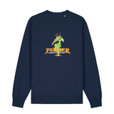 Sweater in navy mit einer grünen Cartoon-Elwetritsche und orangefarbenem Schriftzug Pfälzer Legenden sterben nie.