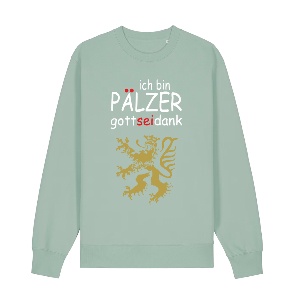 Sweater in aloe mit Schriftzug ich bin Pälzer gott sei dank und goldenem Löwenmotiv.
