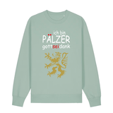 Sweater in aloe mit Schriftzug ich bin Pälzer gott sei dank und goldenem Löwenmotiv.