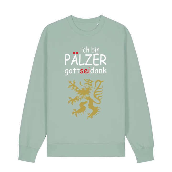 Sweater in aloe mit Schriftzug ich bin Pälzer gott sei dank und goldenem Löwenmotiv.