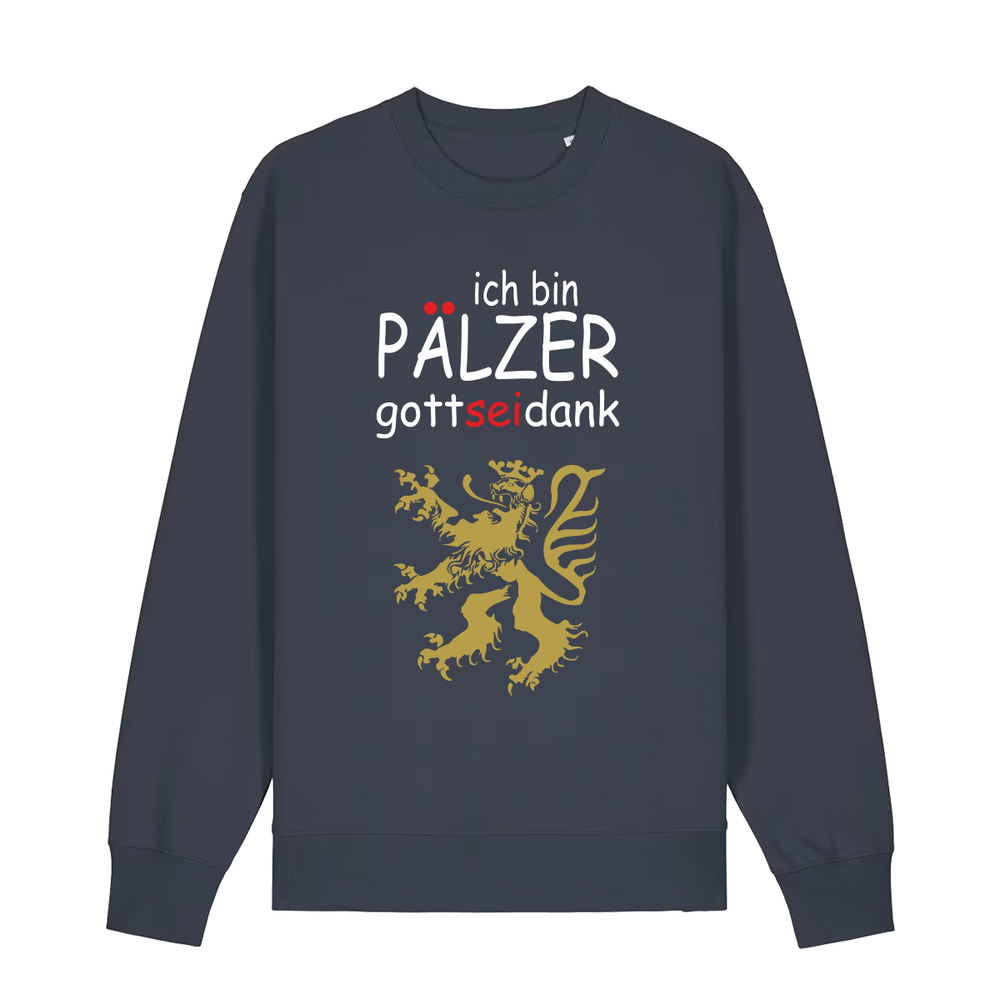 Sweater in anthrazit mit Schriftzug ich bin Pälzer gott sei dank und goldenem Löwenmotiv.