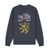 Sweater in anthrazit mit Schriftzug ich bin Pälzer gott sei dank und goldenem Löwenmotiv.