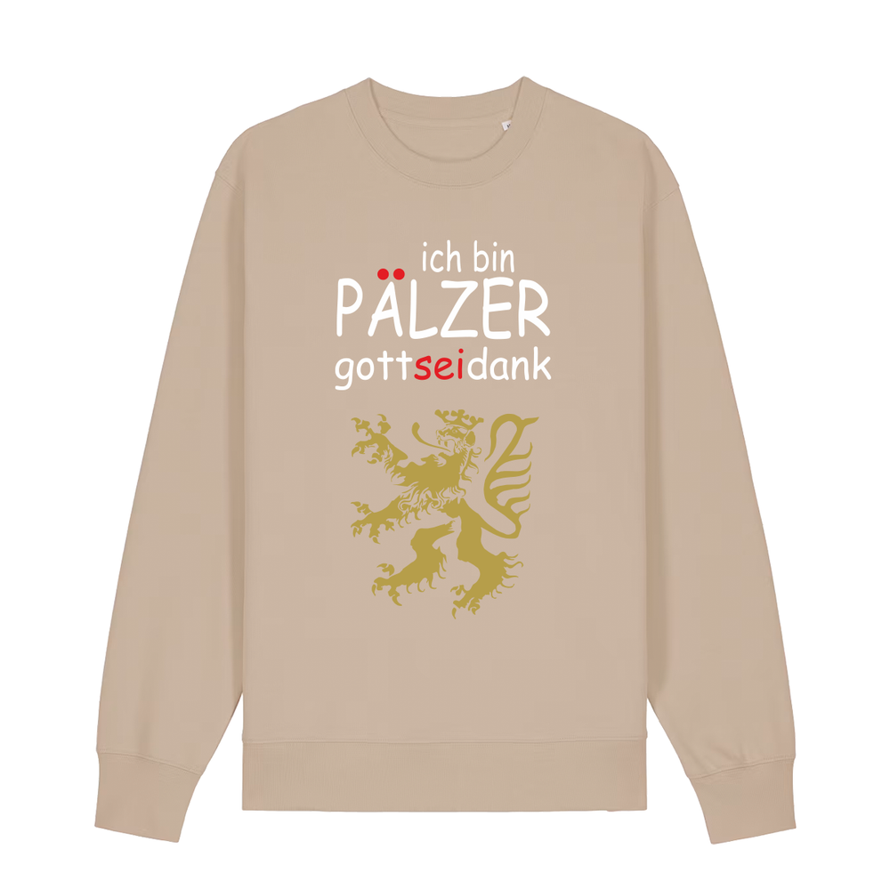 Sweater in beige mit Schriftzug ich bin Pälzer gott sei dank und goldenem Löwenmotiv.