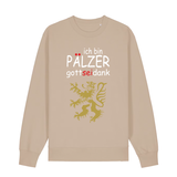 Sweater in beige mit Schriftzug ich bin Pälzer gott sei dank und goldenem Löwenmotiv.