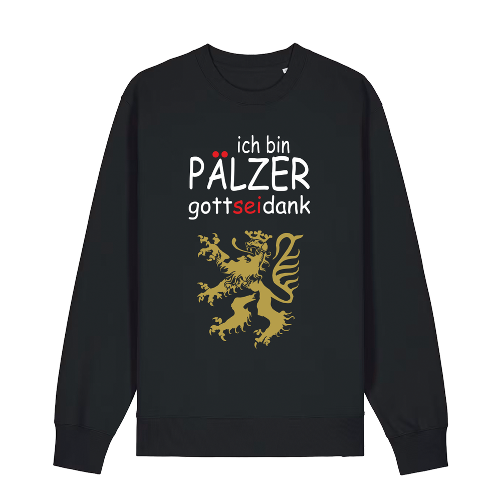 Sweater in schwarz mit Schriftzug ich bin Pälzer gott sei dank und goldenem Löwenmotiv.